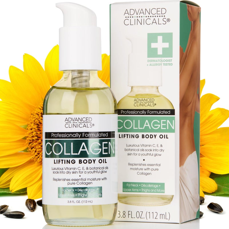 Advanced Clinicals Hydrating Collagen Oil For Body & After Shower | Visible Anti Aging Moisturizing Collagen Body Oil For Women & Men Helps Soften Appearance Of Crepe Skin & Wrinkles, 3.8 Fl Oz - Image 1