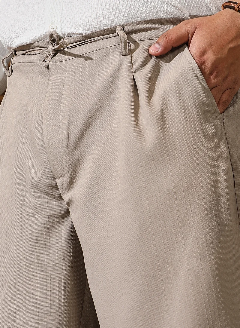Instafab Plus Instafab Plus Men's Oatmeal Beige Tailored Linen-Blend Trousers For Casual Wear | Mid-Rise | Regular Fit | Drawstring Closure | Plus Size Trousers Crafted With Comfort Fit For Everyday Wear