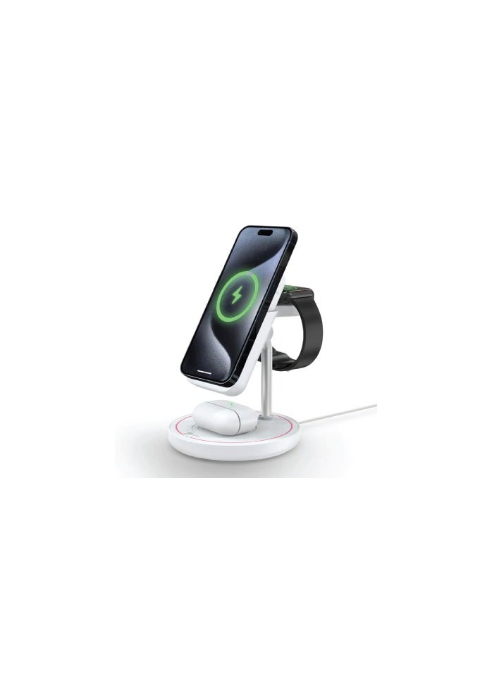 SKA SKA 4-in-1 Magnetic Wireless Charging Station – 10W Fast Charge & 5000mAh Power Bank – USB-C, USB-A – Compatible with iPhone 16/15/14, AirPods, Apple Watch, Samsung – White 