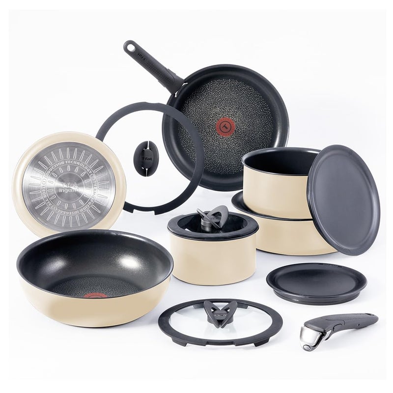 Tfal Ingenio Expertise Non Stick Cookware Set 14 Piece Induction Oven Broiler Safe 500F Stackable Cookware Pots and Pans RV Camping Fry Pans Dishwasher Safe Detachable Handle French Vanilla