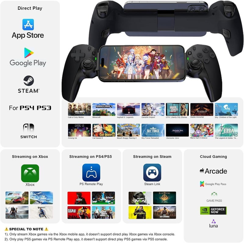 Tobo Phone Controller for Phone/iPad/Andr-id/Tablet(130-280mm), Wireless Game Joystick for Xbox Cloud/PS Remote Play with 2 Back Buttons/Hall-Rocker/Hall-Trigger, Support Switch/PS4-Direct Play TD-1281GA - Image 5