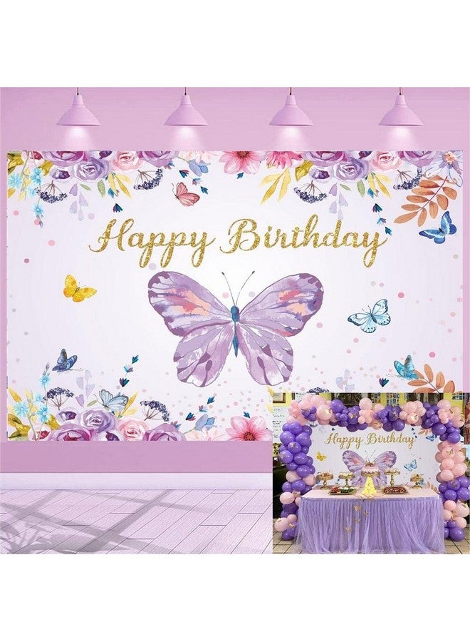 WANGRJ خلفية تصوير فراشات أرجوانية لأعياد الميلاد، وردية ربيعية، زهور، فراشات باستيل، خلفية تصوير حفلات أعياد ميلاد الأميرات، حفلات استقبال المولود، كعكة حلوة، لوازم ديكور الطاولة 7X5F - Image 1