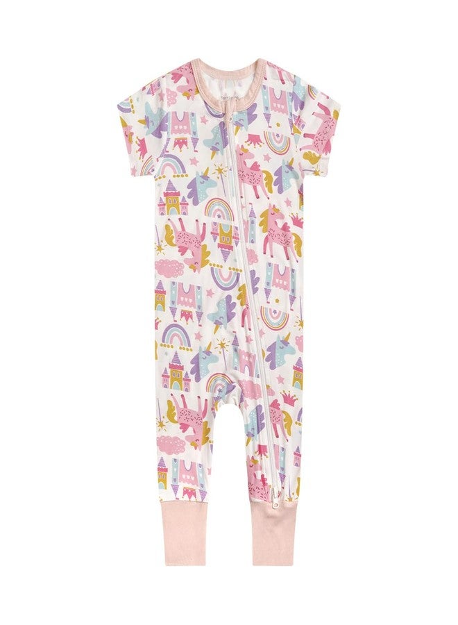 Teach Leanbh Toddler Baby Boys Girls One Piece Pajamas Bamboo Viscose 2 Way Zipper Printing Short Sleeve Footless Romper Sleep and Play 3 Months-4 Years (Pink white/Rainbow castlet, 2-3 Years) - Image 1