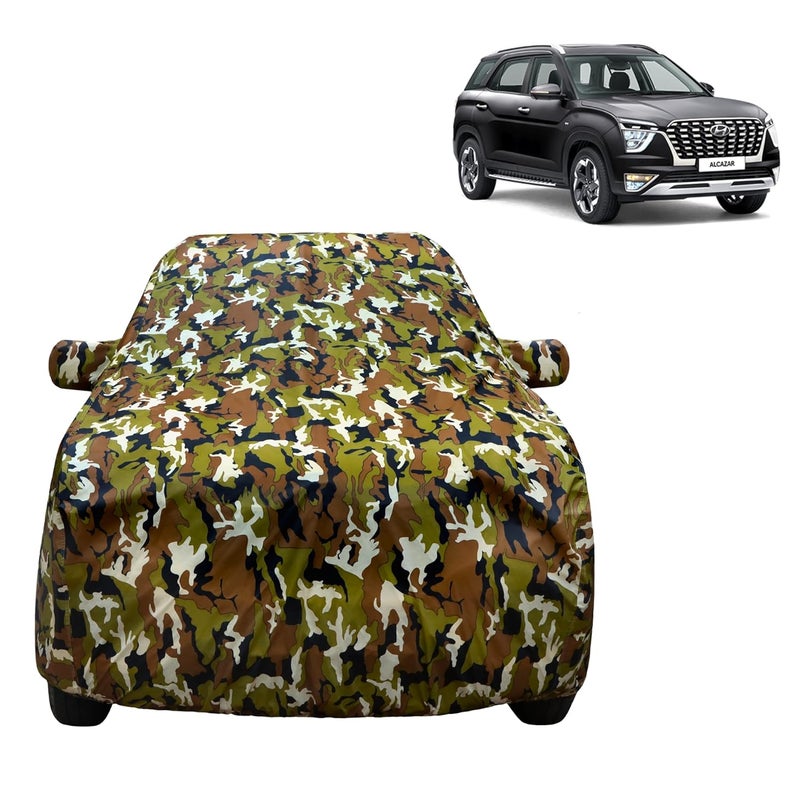 VYAS 100% Waterproof Car Body Cover for Hyundai Alcazar (2021-2025) with Mirror Pocket Triple Stitched Belt & Buckle Fitting Dual Elastic, Durable Material Jungle Print Camouflage Design - Image 1