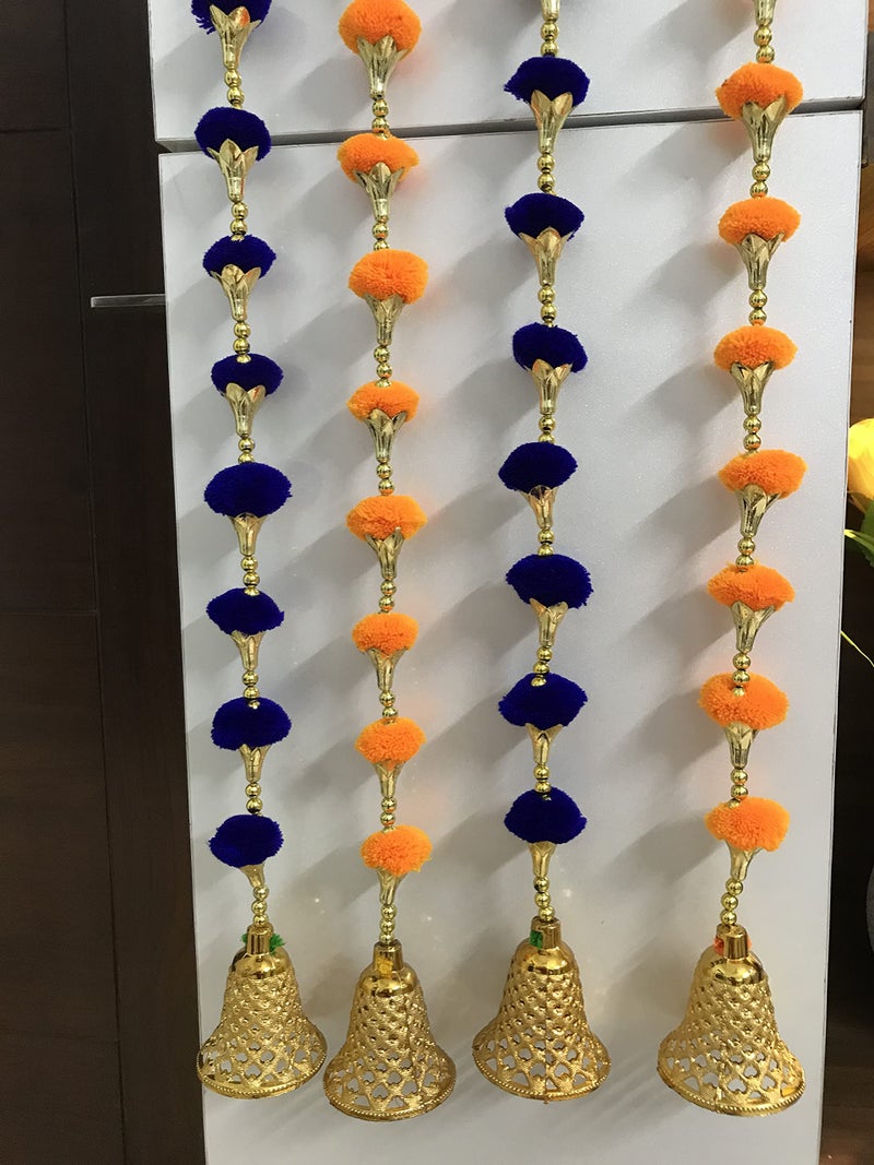 Magpie Document Bag Handmade Wall Door Orange and Bluecolor Pompom Strin Triangle FlowersHanging Garland BandhwarDecoration Item for HomeDécor Diwali,Festival,Navratri,Wedding(5FT 4Strings) - Image 5