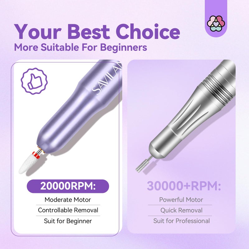 SAVILAND Portable Electric Nail Drill: Nail Drill Kit 20000RPM Purple Cuticle Bit Nail File 51 Sanding Bands Beginners at Home Manicure Pedicure - Image 4