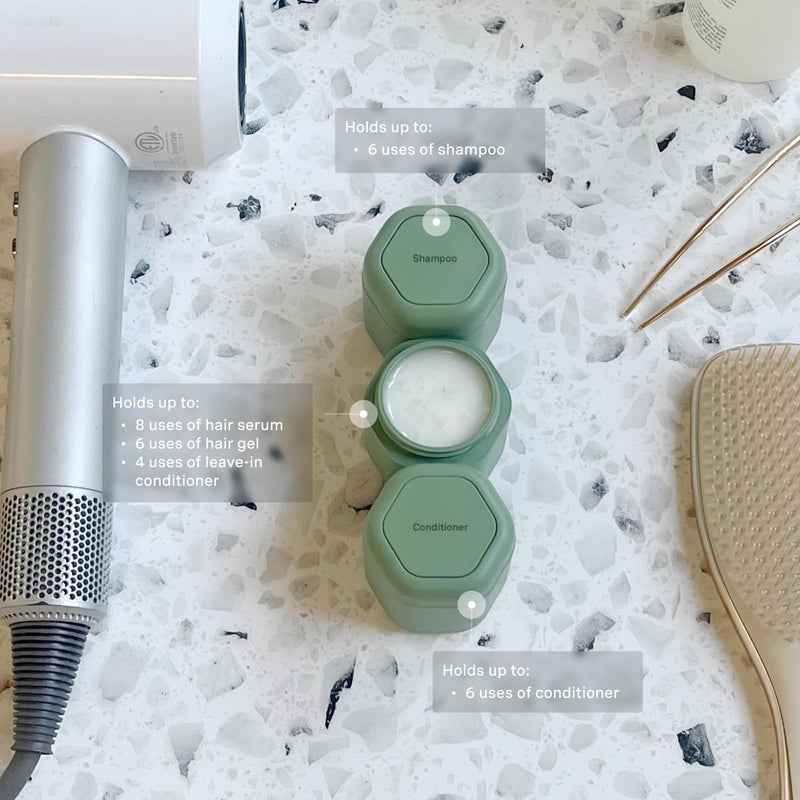 Cadence Travel Containers Haircare Capsule Set - Magnetic Containers with Lids,Carry On Travel Essentials For Women/Men - 3 Flex Mediums (1.32oz) - Shampoo, Conditioner & Comb Icon Labels - Eucalyptus - Image 4