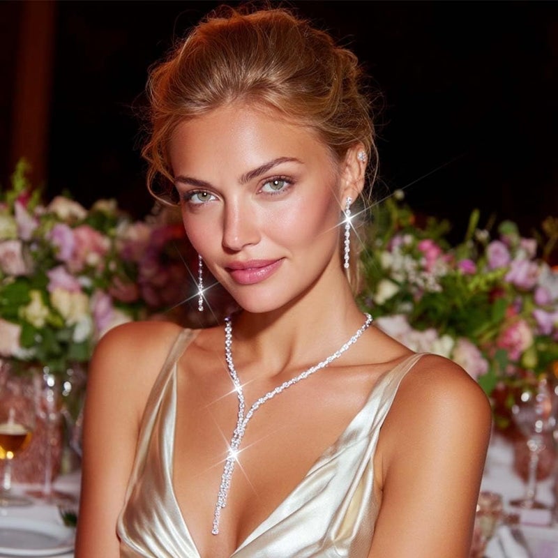 Unicra Silver Prom Jewelry Sets Rhinestone Necklace and Earring Set Bridal Wedding Jewelry for Women and Brides - Image 2