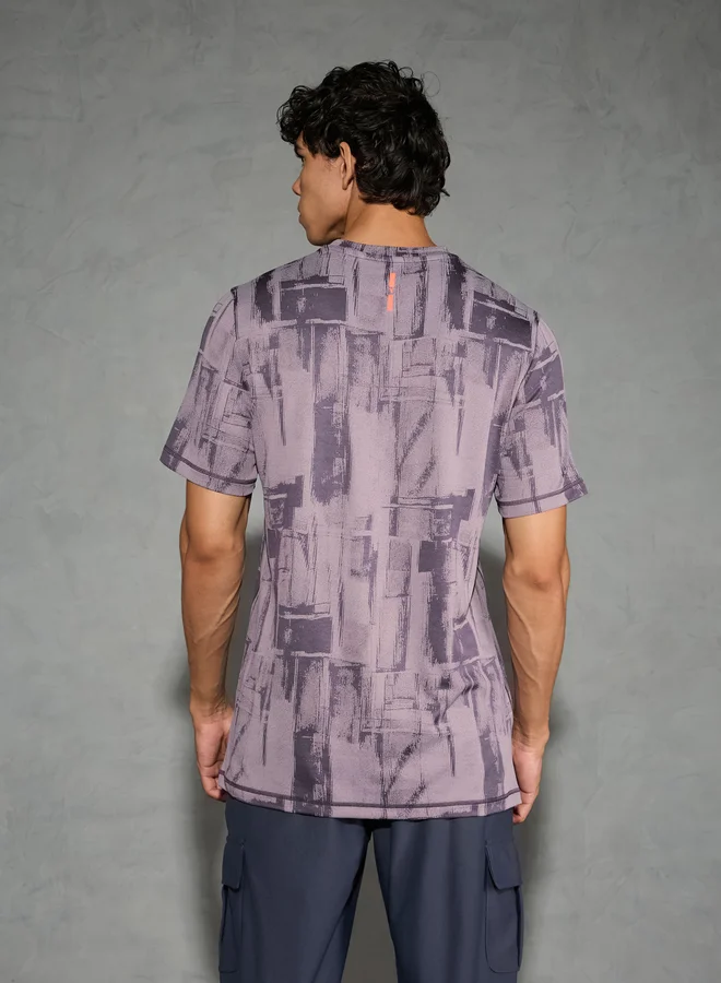 Technosport Technosport Purple Jacquard Slim Fit Crew Neck T-Shirt