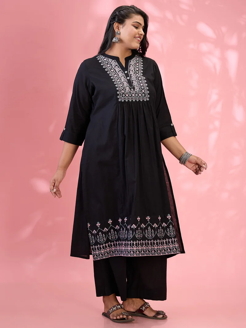 globus Gloplus Women Black Embroidered Yoke Mandarin Collar Roll Up Sleeves Pleated Plus Size A-Line Kurta With Pants Set