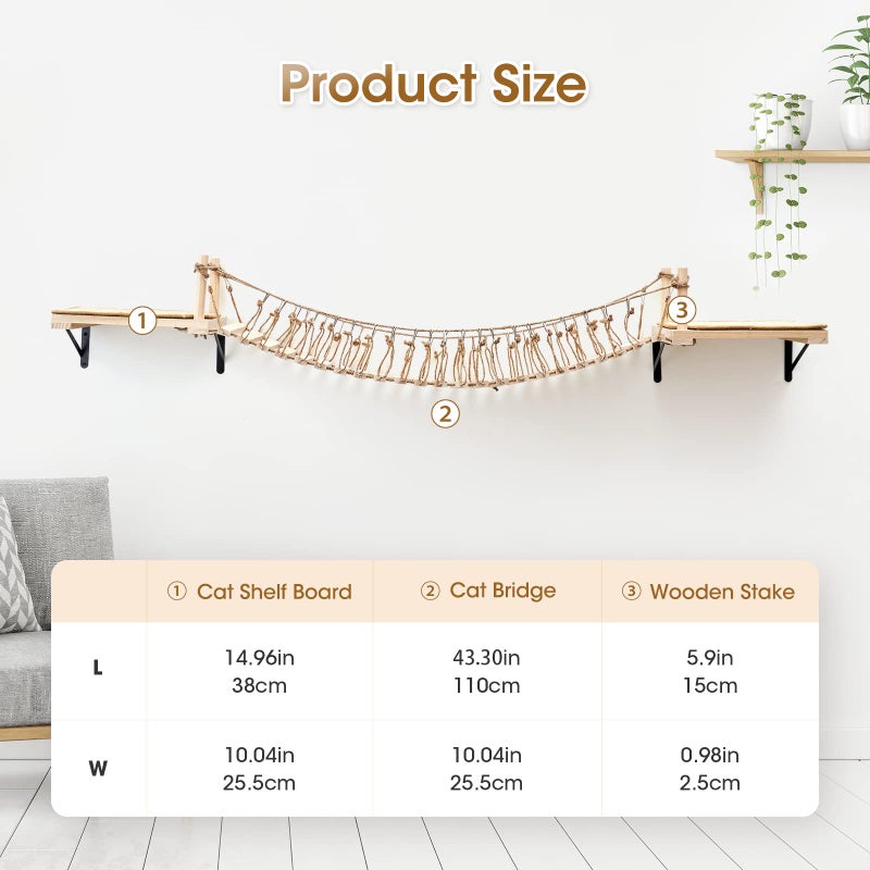 A.FATI Wall-Mounted Cat Roped Bridge Long for Indoor Cats, Cat Wall Shelves for Sleeping, Playing, Climbing, Wooden Cats Bed and Perches with Sisal Scratch Mat - Image 2