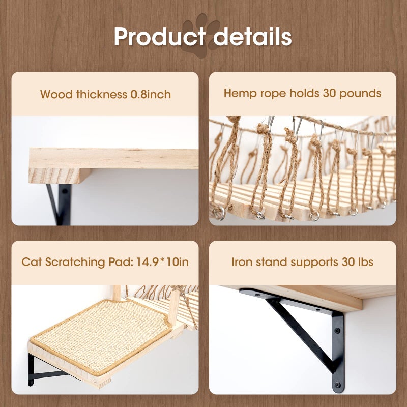 A.FATI Wall-Mounted Cat Roped Bridge Long for Indoor Cats, Cat Wall Shelves for Sleeping, Playing, Climbing, Wooden Cats Bed and Perches with Sisal Scratch Mat - Image 4
