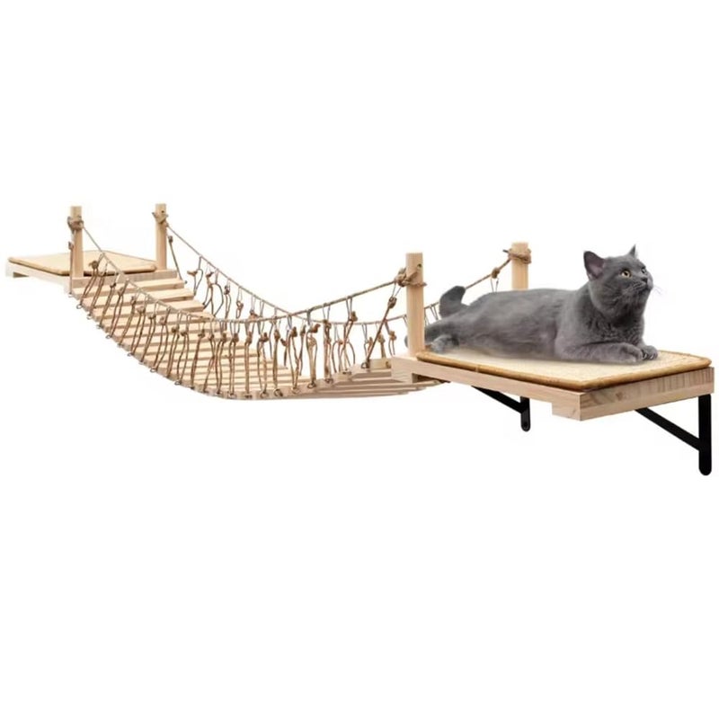 A.FATI Wall-Mounted Cat Roped Bridge Long for Indoor Cats, Cat Wall Shelves for Sleeping, Playing, Climbing, Wooden Cats Bed and Perches with Sisal Scratch Mat - Image 1