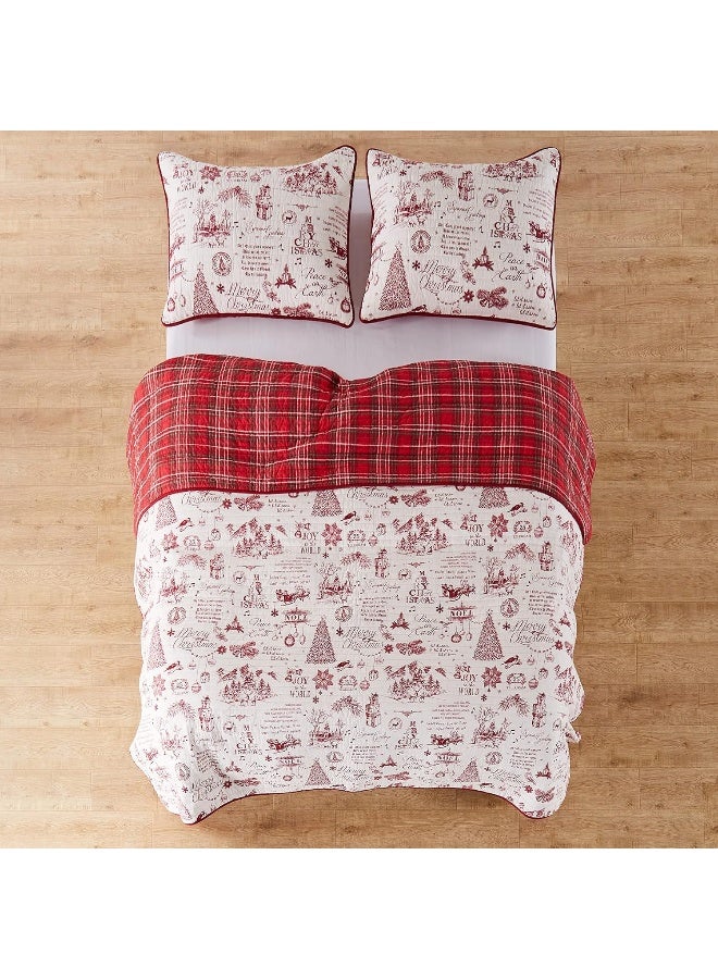 Levtex Home Levtex Home - Yuletide Quilt Set - Full/Queen Quilt (88x92in.) + Two Standard Pillow Shams (26x20in.) - Christmas Holiday Script - Red and Cream - Reversible - Cotton  - Image 3