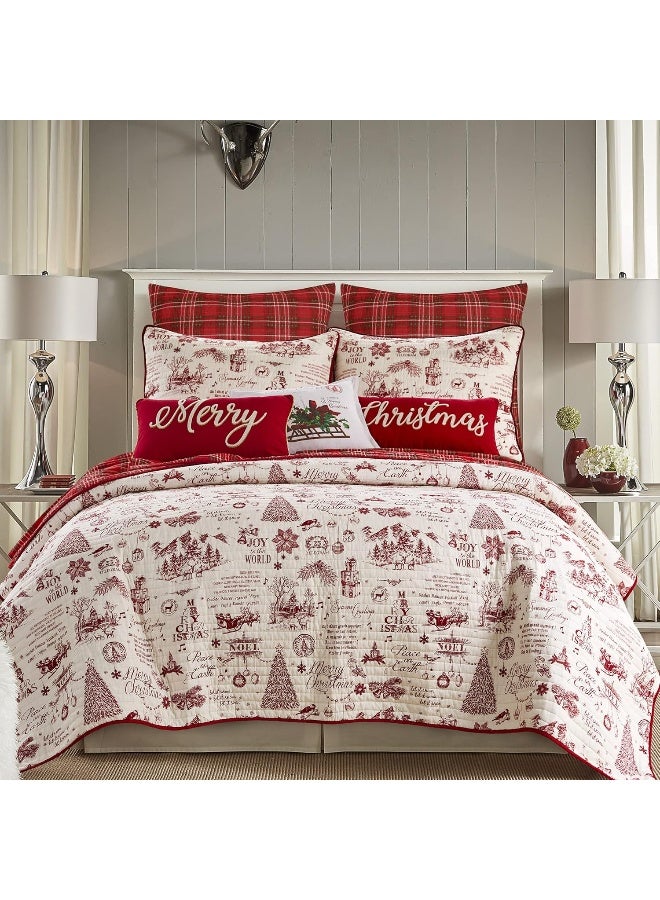 Levtex Home Levtex Home - Yuletide Quilt Set - Full/Queen Quilt (88x92in.) + Two Standard Pillow Shams (26x20in.) - Christmas Holiday Script - Red and Cream - Reversible - Cotton  - Image 1