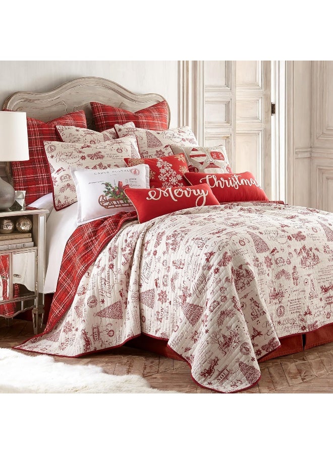Levtex Home Levtex Home - Yuletide Quilt Set - Full/Queen Quilt (88x92in.) + Two Standard Pillow Shams (26x20in.) - Christmas Holiday Script - Red and Cream - Reversible - Cotton  - Image 2