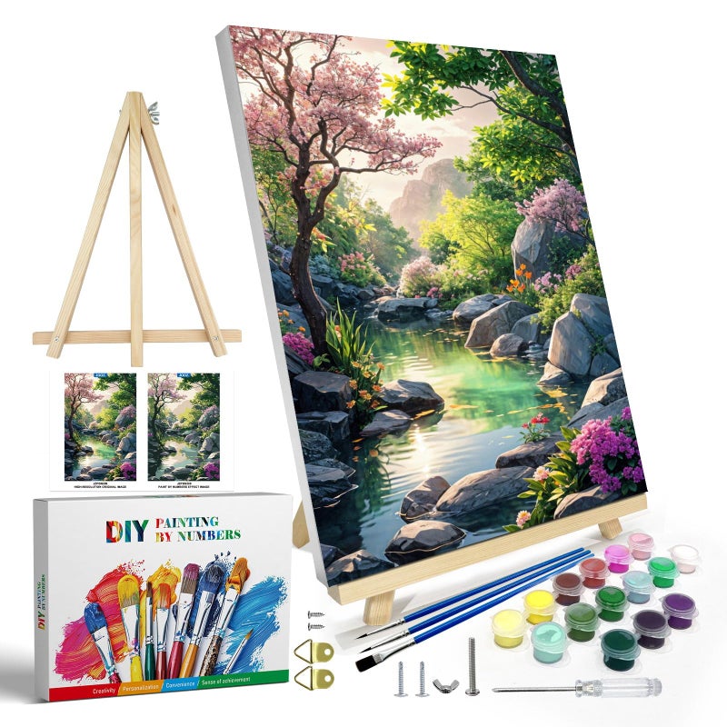 JOOZ Paint by Numbers Kit for Adults with Frame Landscape Paint by Number Canvas Mountain Paint by Numbers with Easel DIY Flowers Scenery Oil Painting Kit for Home Wall Decor 8 x 12 Inch