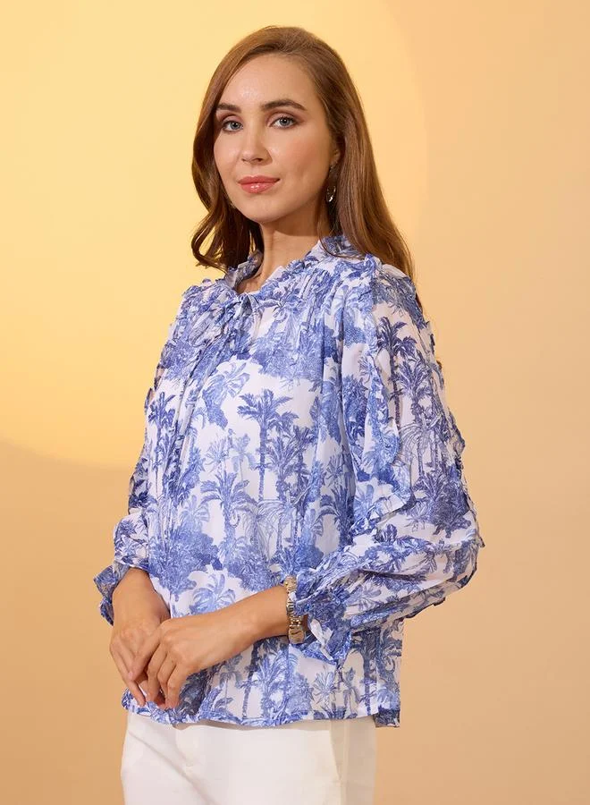 globus Women Blue Frilled Tie-Up Neck Ruffle Detail Top