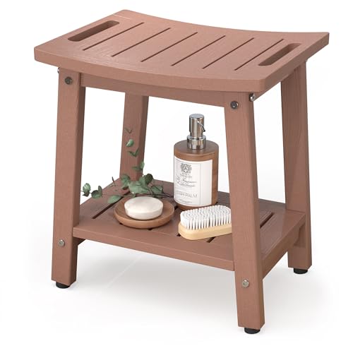 BEKVEM Shower Bench for Inside Shower, Teak Brown HDPE Shower Stool Waterproof, Spa Bathroom Seat Chair with Handle, Storage Shelf & Adjustable Feet - Indoor/Outdoor, Weather Resistant - Image 1