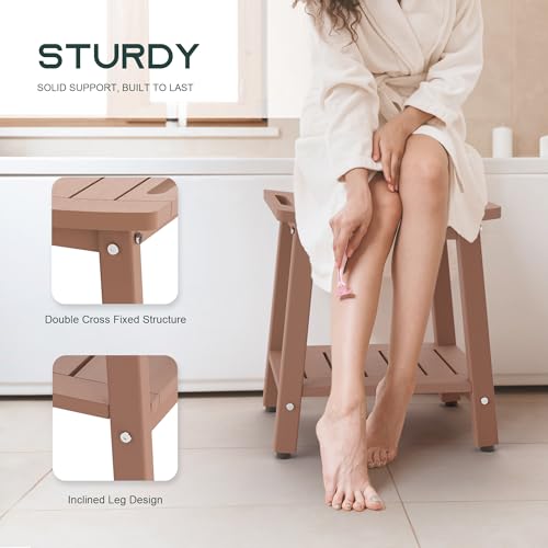 BEKVEM Shower Bench for Inside Shower, Teak Brown HDPE Shower Stool Waterproof, Spa Bathroom Seat Chair with Handle, Storage Shelf & Adjustable Feet - Indoor/Outdoor, Weather Resistant - Image 4