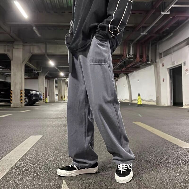 Japanese Loose Denim Jeans Men Casual Wide Leg Pants Black Black
