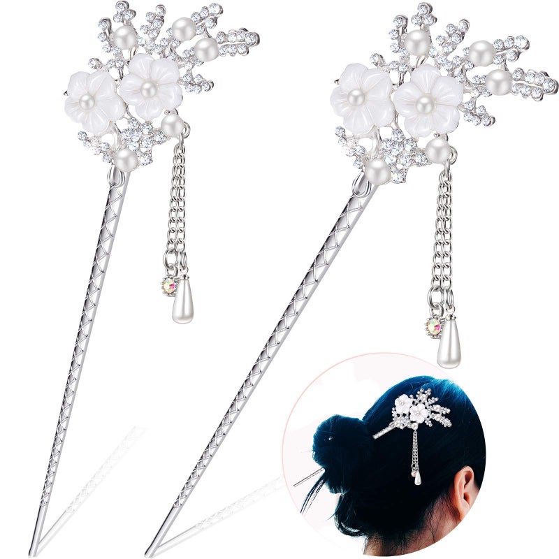 Chuangdi 2 Pieces Rhinestone Pearl Flower Hair Stick Vintage Chinese Hair Chopsticks Vintage Tassel Hair Pin Chignon Pin Chopsticks Hair Styling Hair Making Accessories for Women Silver