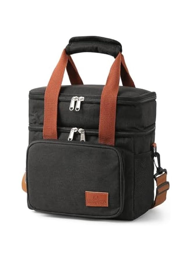 Black Reusable Lunch Bag for Adult Men Women with Shoulder Strap Double Deck Cooler Waterproof Leak Proof Office Picnic - Image 1