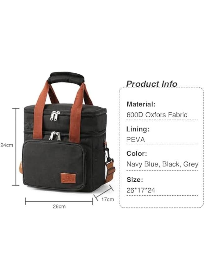 Black Reusable Lunch Bag for Adult Men Women with Shoulder Strap Double Deck Cooler Waterproof Leak Proof Office Picnic - Image 2