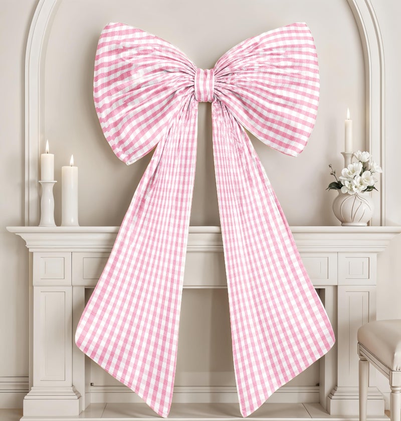 Froova Big Pink Bow Decor Giant Pink White Checkered Coquette Bow for Birthday Party Decorations for Girls, Large Ribbon Tie Hanging Gift Coquette Wall Decor (Textured Cotton, Internal Stability Layer) - Image 1