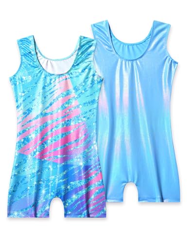 Nokecina Girls Gymnastics Leotards with Shorts Size 4-5t Blue Green 2 Packs Sleeveless Gym Outfit - Image 2