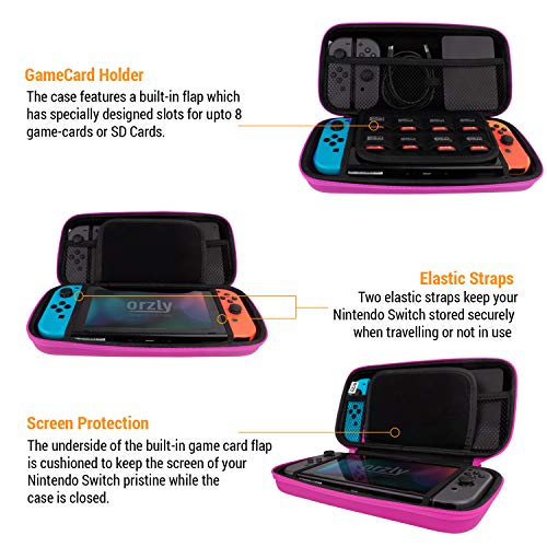 Orzly Carry Case Compatible with Nintendo Switch and New Switch OLED Console - Pink Protective Hard Portable Travel Carry Case Shell Pouch with Pockets for Accessories and Games - Image 4