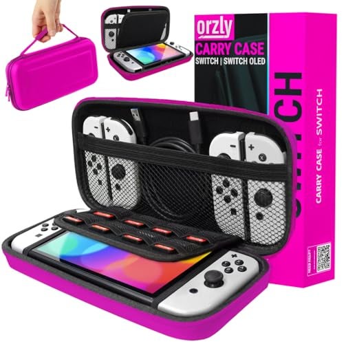 Orzly Carry Case Compatible with Nintendo Switch and New Switch OLED Console - Pink Protective Hard Portable Travel Carry Case Shell Pouch with Pockets for Accessories and Games - Image 1