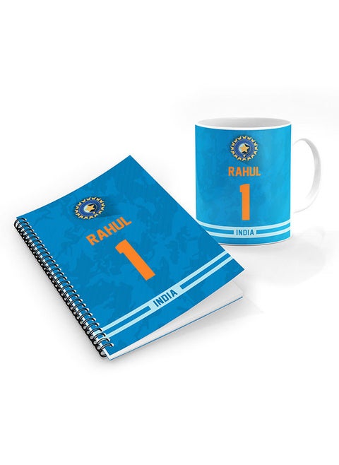 Stylizedd Designer Printed Coffee Mug + A5 Spiral Notebook Memo Notepad Journal Personalised Combo Gift Set  -Player Name - KL Rahul, Jersey Number-1