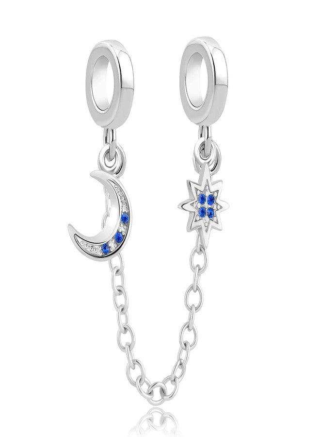 MiiFort Celestial Moon Star Safety Chain Charm Compatible with Pandora Charms Moments Bracelets Blue Cubic Zirconia