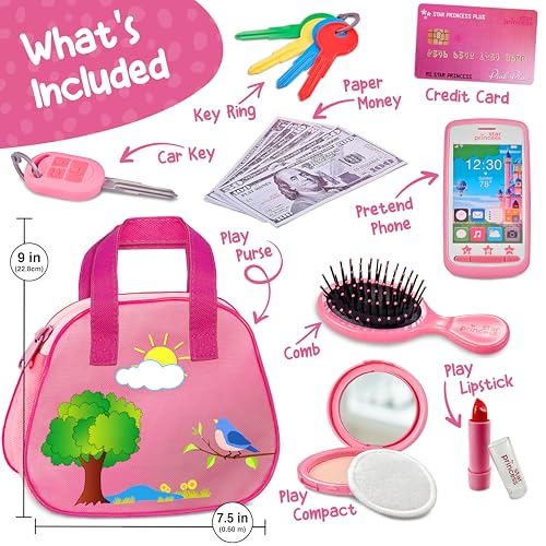 Star Princess Toddler Play Purse for Kids with Accessories Toys for Girls with Pretend Makeup Keys Smartphone Dress Up Toy Purse for Toddlers and Kids  Birthday Gift for Little Toddler Girls Ages 3 4 5 6 Pink - Image 5