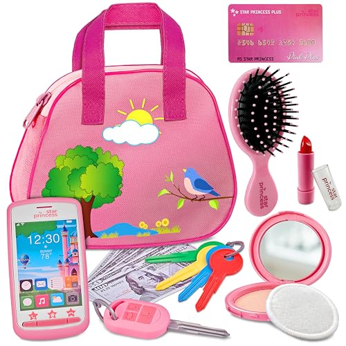 Star Princess Toddler Play Purse for Kids with Accessories Toys for Girls with Pretend Makeup Keys Smartphone Dress Up Toy Purse for Toddlers and Kids  Birthday Gift for Little Toddler Girls Ages 3 4 5 6 Pink - Image 1