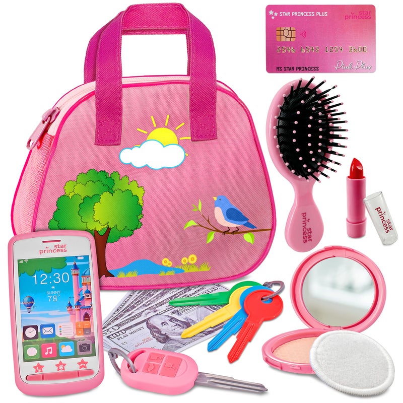 Star Princess Toddler Play Purse for Kids with Accessories Toys for Girls with Pretend Makeup Keys Smartphone Dress Up Toy Purse for Toddlers and Kids  Birthday Gift for Little Toddler Girls Ages 3 4 5 6 Pink - Image 3