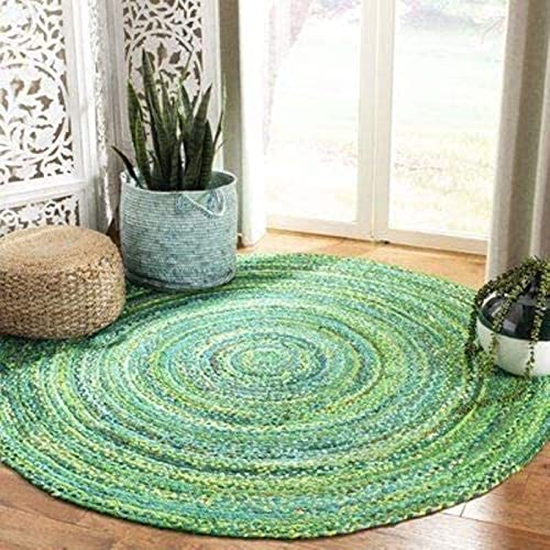 HOUSINE HOUSINE Home Dcor Environment Friendly Rectangle Handwoven Special Round Cotton Design Rug Natural Fibers Braided Reversible Carpet for Living Bedroom Green Cotton 90 cm 3 feet Round  - Image 1
