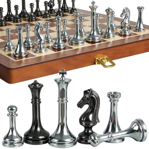 ELONGDI Metal Chess Set for Adults and Kids  12 Inch Wooden Folding Chess Board and Metal Pieces Travel Portable Chess Set  Extra Queens  25 King Ideal Gift for Chess Enthusiasts  Beginner - Image 1