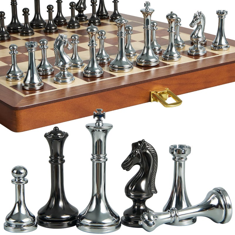 ELONGDI Metal Chess Set for Adults and Kids  12 Inch Wooden Folding Chess Board and Metal Pieces Travel Portable Chess Set  Extra Queens  25 King Ideal Gift for Chess Enthusiasts  Beginner - Image 3