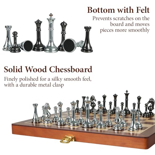 ELONGDI Metal Chess Set for Adults and Kids  12 Inch Wooden Folding Chess Board and Metal Pieces Travel Portable Chess Set  Extra Queens  25 King Ideal Gift for Chess Enthusiasts  Beginner - Image 5