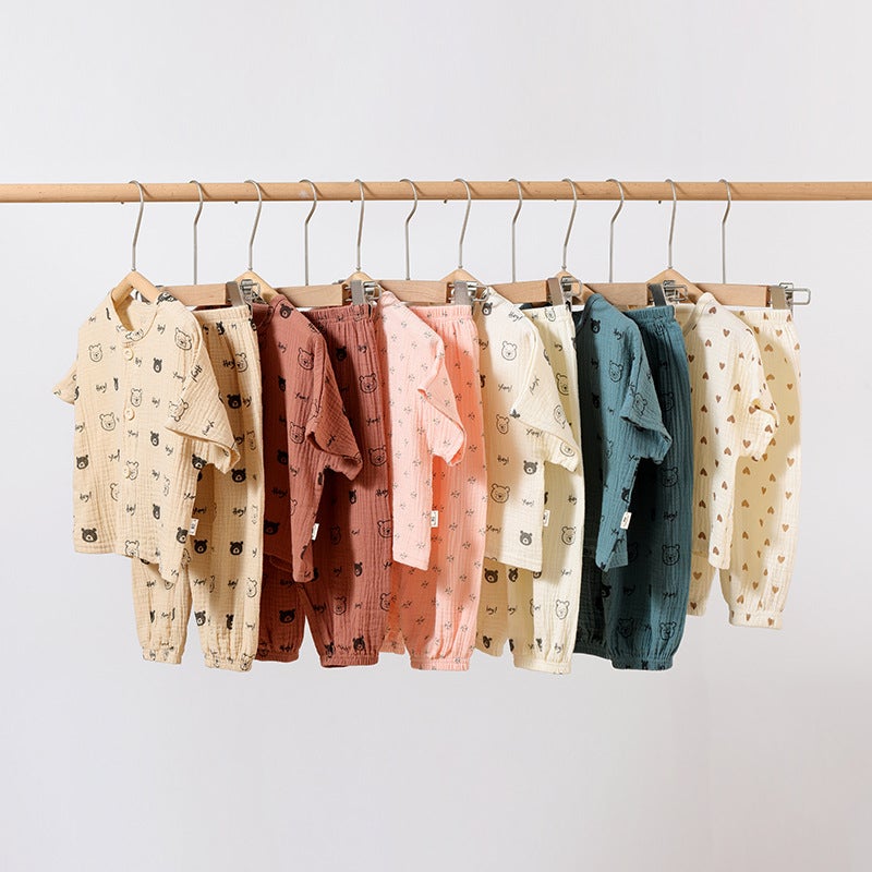Baby''s Short-sleeved suit Summer New Children''s Clothes Baby''s Two-piece Men''s and Women''s Pants Outer Wear Pure Cotton Gauze - Image 4