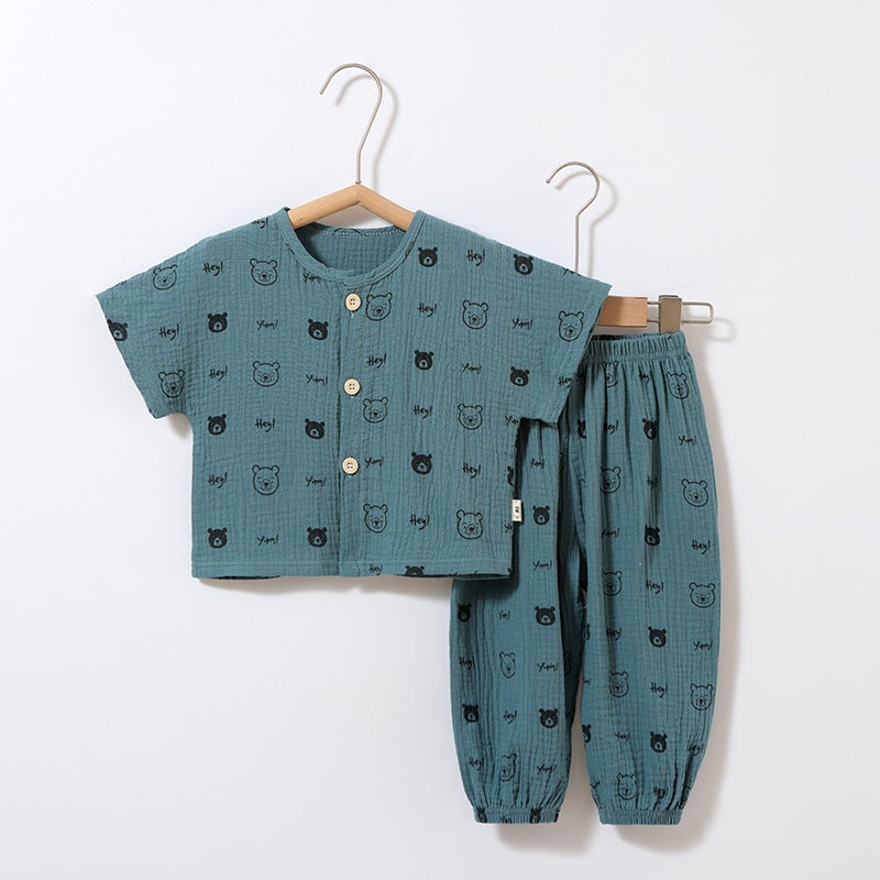 Baby''s Short-sleeved suit Summer New Children''s Clothes Baby''s Two-piece Men''s and Women''s Pants Outer Wear Pure Cotton Gauze - Image 1
