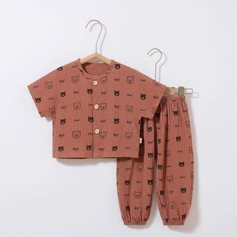 Baby''s Short-sleeved suit Summer New Children''s Clothes Baby''s Two-piece Men''s and Women''s Pants Outer Wear Pure Cotton Gauze - Image 2