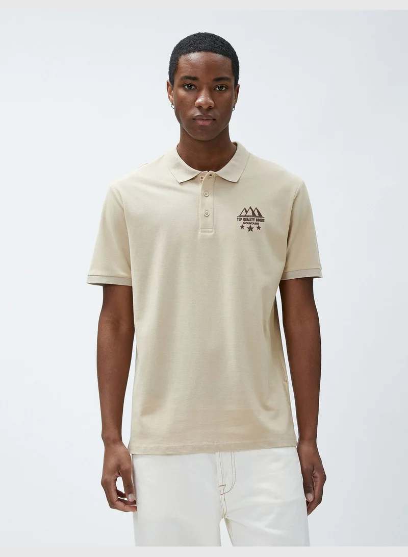 KOTON Polo Neck T-Shirt Slim Fit Buttoned Short Sleeve Landscape Embroidered