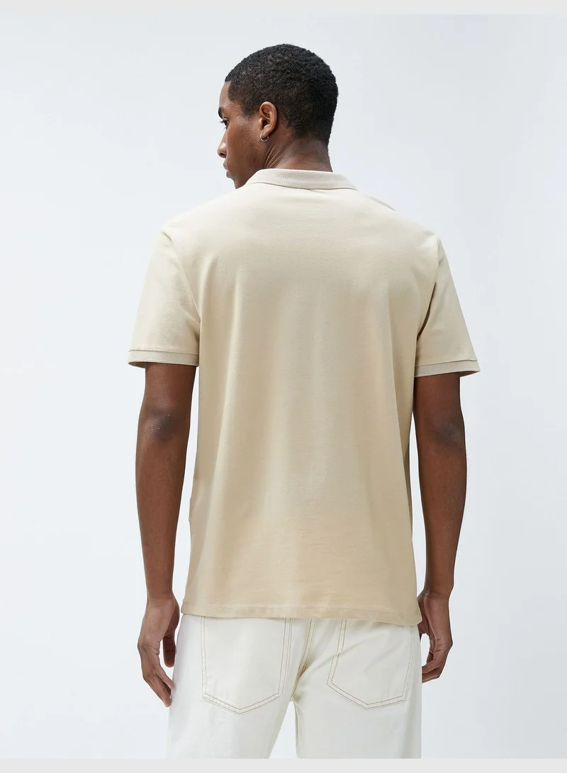 KOTON Polo Neck T-Shirt Slim Fit Buttoned Short Sleeve Landscape Embroidered