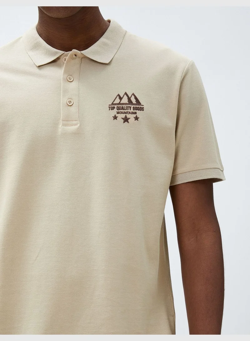 KOTON Polo Neck T-Shirt Slim Fit Buttoned Short Sleeve Landscape Embroidered