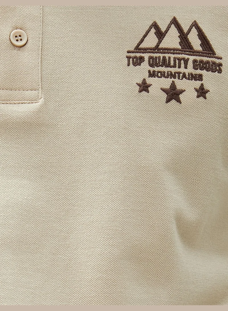 KOTON Polo Neck T-Shirt Slim Fit Buttoned Short Sleeve Landscape Embroidered