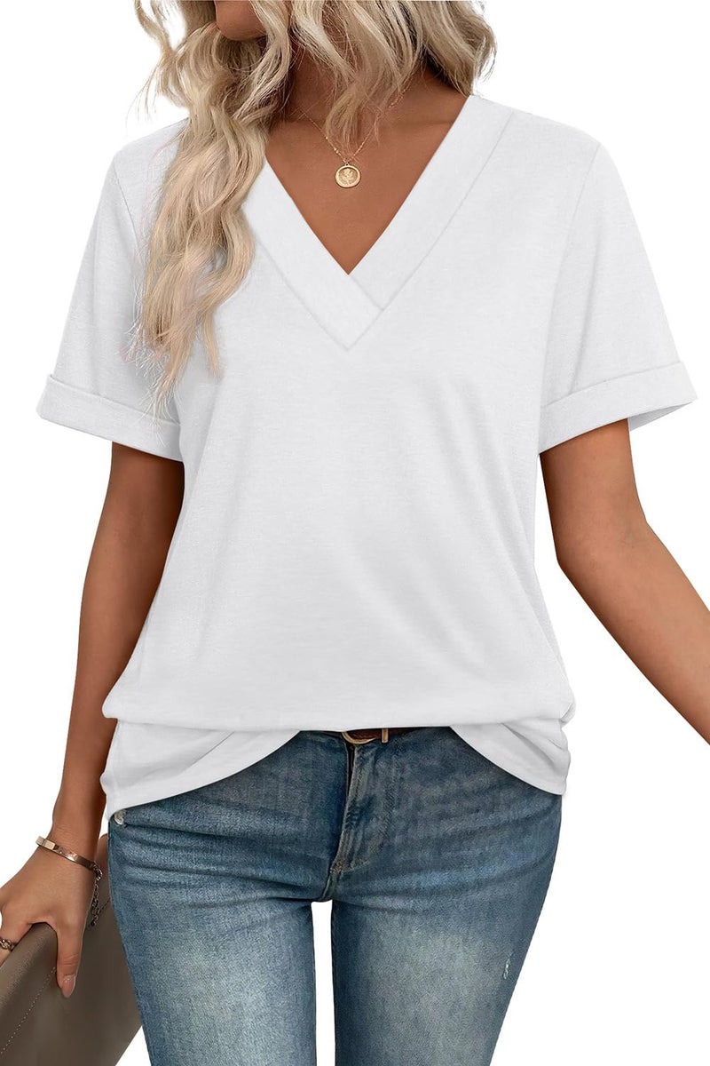 WIHOLL Womens Tops V Neck Dressy Casual Short Sleeve Summer Tops Fashion Cute Basic Tshirts Shirts for Women 2026 White L - Image 3