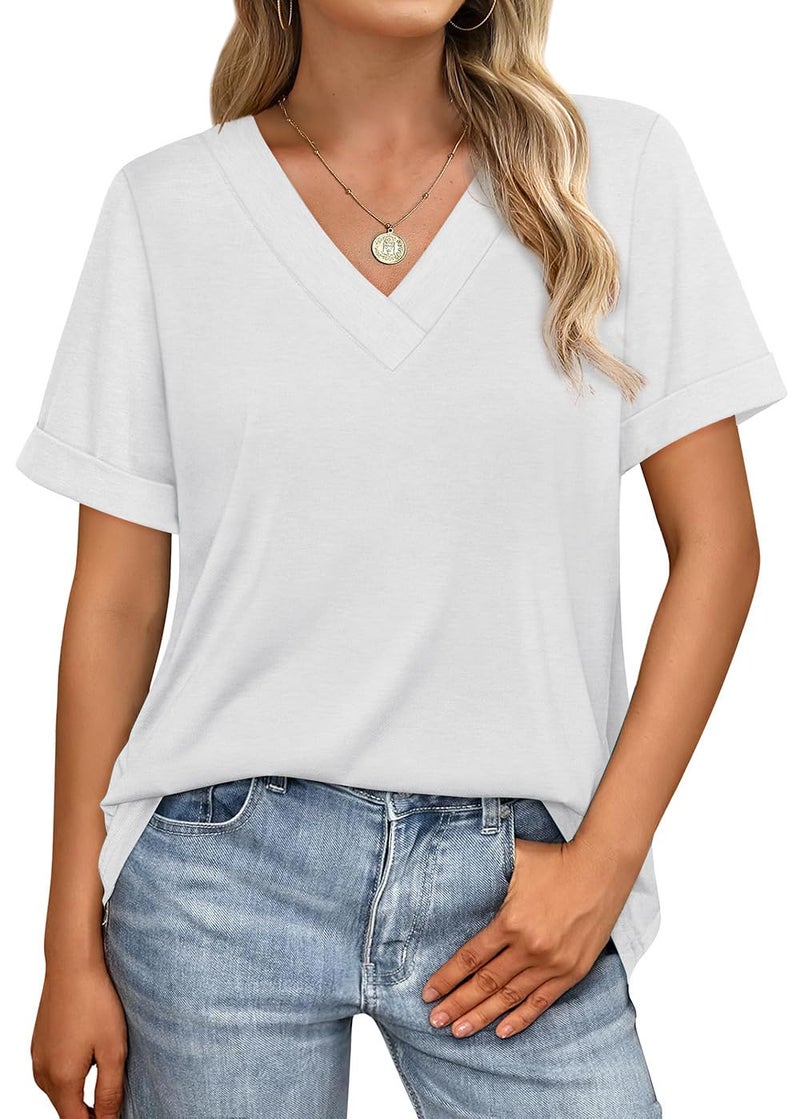 WIHOLL Womens Tops V Neck Dressy Casual Short Sleeve Summer Tops Fashion Cute Basic Tshirts Shirts for Women 2026 White L - Image 4